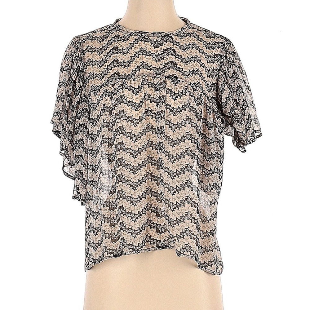 The Kooples 100% silk black and white floral flutter sleeve top - Picture 7 of 10